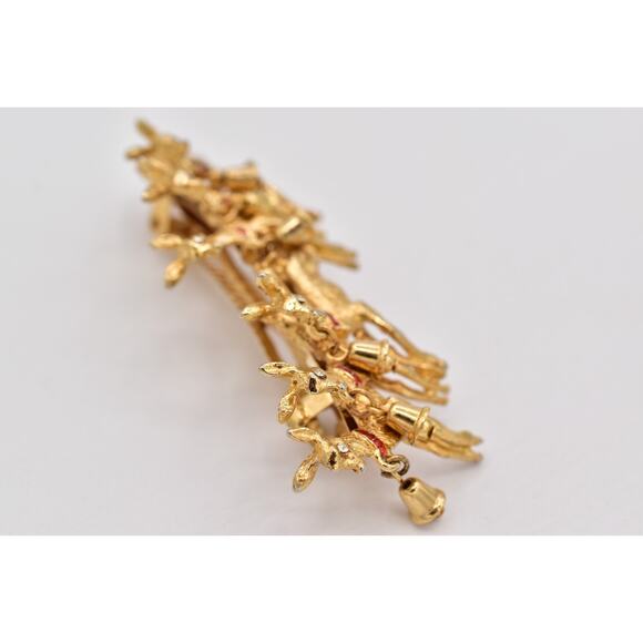 Vintage Christmas Hair Clip Reindeer Gold Red Enamel Bells Dangle Holiday 1980s